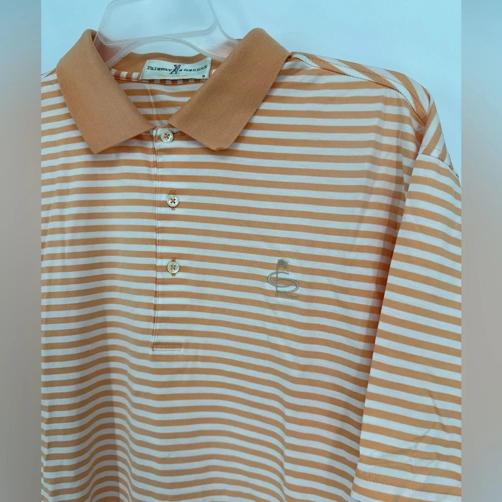 Fairway & Greene Golf Polo Shirt Men's L Peach White Striped‎ Champions Retreat